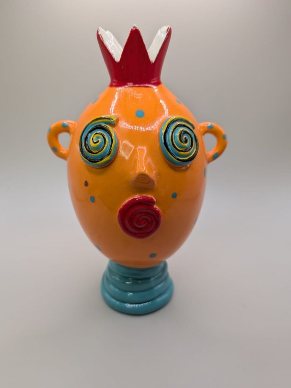 Art Pottery Anita Griffith Bud Vase Mod Whimsical Face Signed “Mango Merengue”